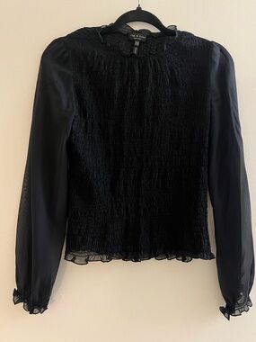 rag & bone Silk Black Smocked Long-Sleeve Ruffle Blouse